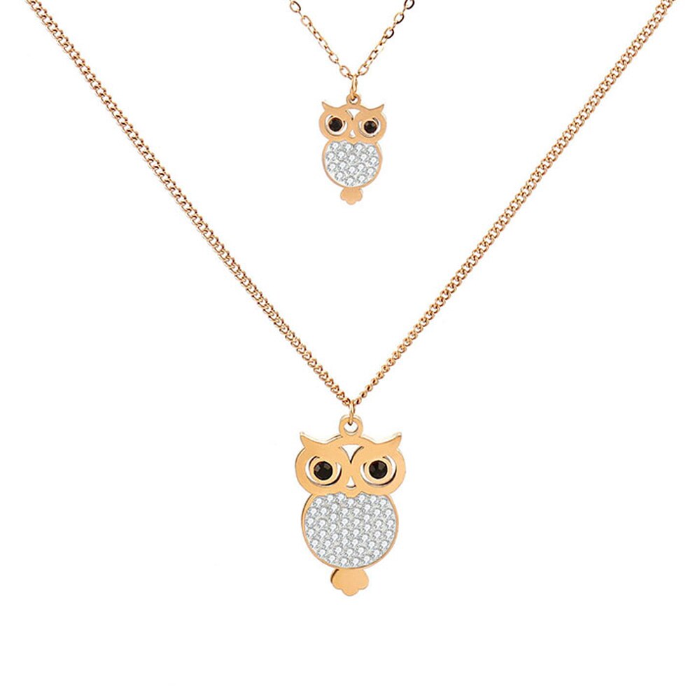Crystal Owl Pendants Necklace For Women Rose Gold Double Layer Long Chain Necklaces Female Stainless steel Jewelry