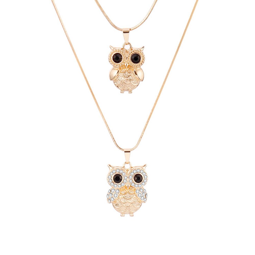 Crystal Pendants Owl Necklace For Women Gold Silvery Double Layer Snake Chain Necklaces For Women Jewelry