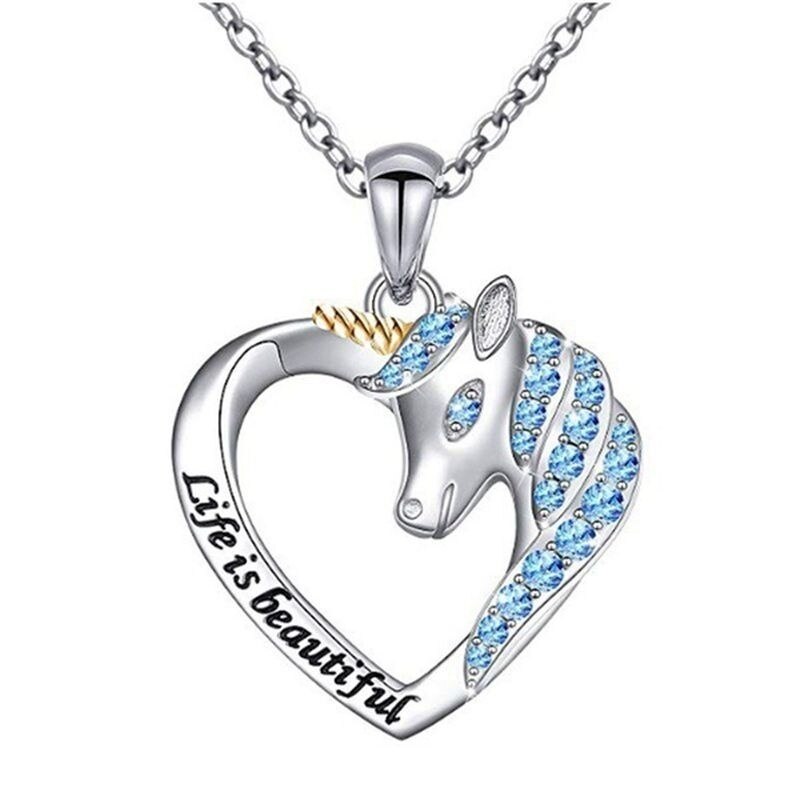 Cute Animal Unicorn Heart Pendant Necklace Women's Necklace Crystal Inlaid Metal Sliding Pendant Accessory Party Gift
