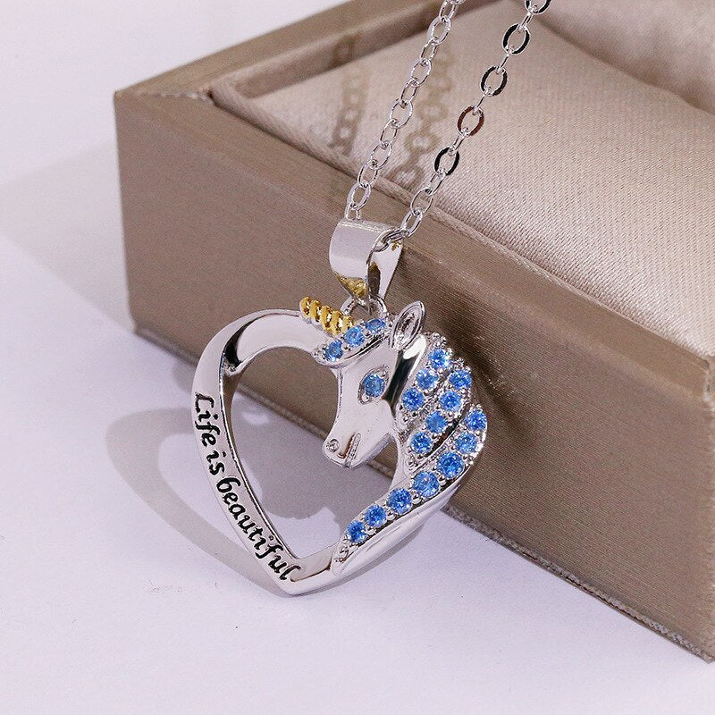 Cute Animal Unicorn Heart Pendant Necklace Women's Necklace Crystal Inlaid Metal Sliding Pendant Accessory Party Gift