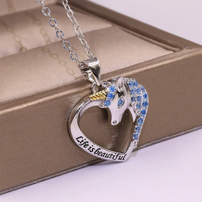 Cute Animal Unicorn Heart Pendant Necklace Women's Necklace Crystal Inlaid Metal Sliding Pendant Accessory Party Gift