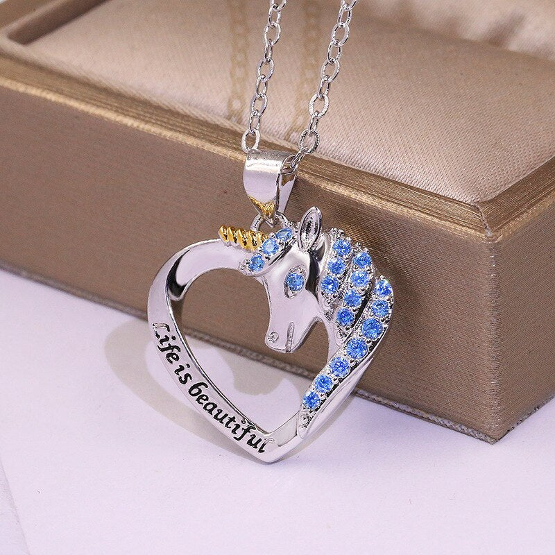Cute Animal Unicorn Heart Pendant Necklace Women's Necklace Crystal Inlaid Metal Sliding Pendant Accessory Party Gift