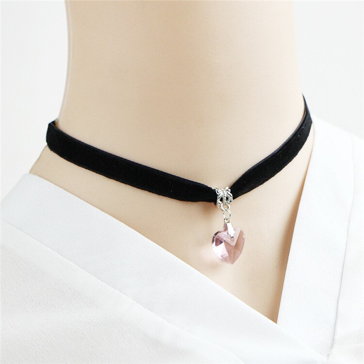 Cute Black Velvet Choker Necklace For Women Heart Crystal Pendant Goth