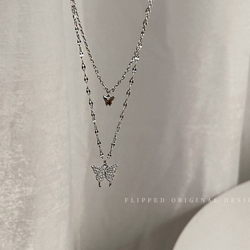 Dainty Zirconia Butterfly Pendant Necklace For Women Punk Silver Color Layered Chain Korean Cute Choker Jewelry 2021