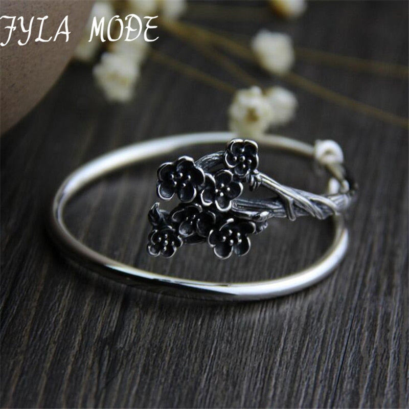 New Delicate S925 Silver Simple Plum Flower Branch Wrap Cuff Bracelets for Women Antique Thai Silver Jewelry For Mother