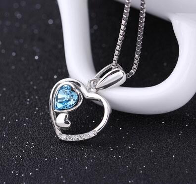 New Design 100%925 Sterling Silver Necklace Love AAA Zircon Blue Crystal Pendant Woman Charm Jewelry Gift