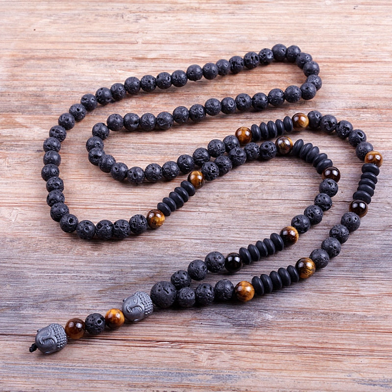 Design Black 6mm BLava Stones Wood Bead Men's Hematite Buddha Bead Necklace