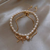 Design Jewelry Natural Freshwater Pearl Elastic Cord Double Bowknot Adjustable Bracelet Elegant Women's Bracelet
