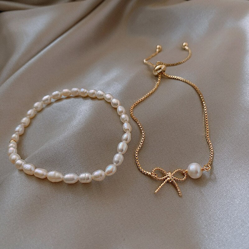 Design Jewelry Natural Freshwater Pearl Elastic Cord Double Bowknot Adjustable Bracelet Elegant Women's Bracelet