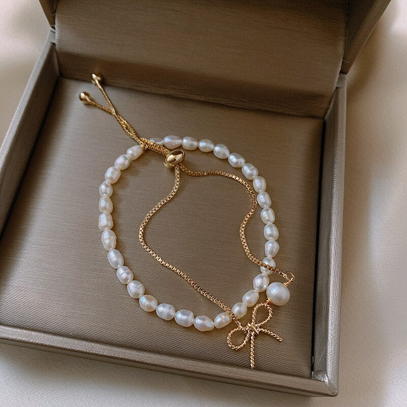 Design Jewelry Natural Freshwater Pearl Elastic Cord Double Bowknot Adjustable Bracelet Elegant Women's Bracelet