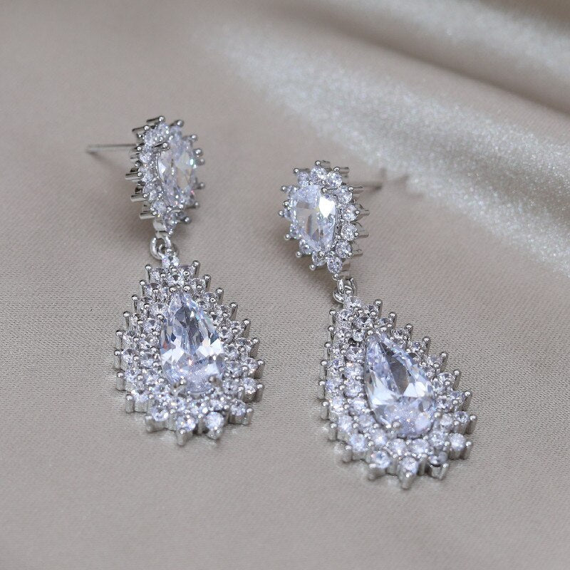 Design Jewelry Silver Color Copper Set Zircon Water Drop Pendant Earrings  Women's Wedding Party Accessories