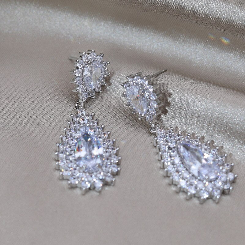 Design Jewelry Silver Color Copper Set Zircon Water Drop Pendant Earrings  Women's Wedding Party Accessories