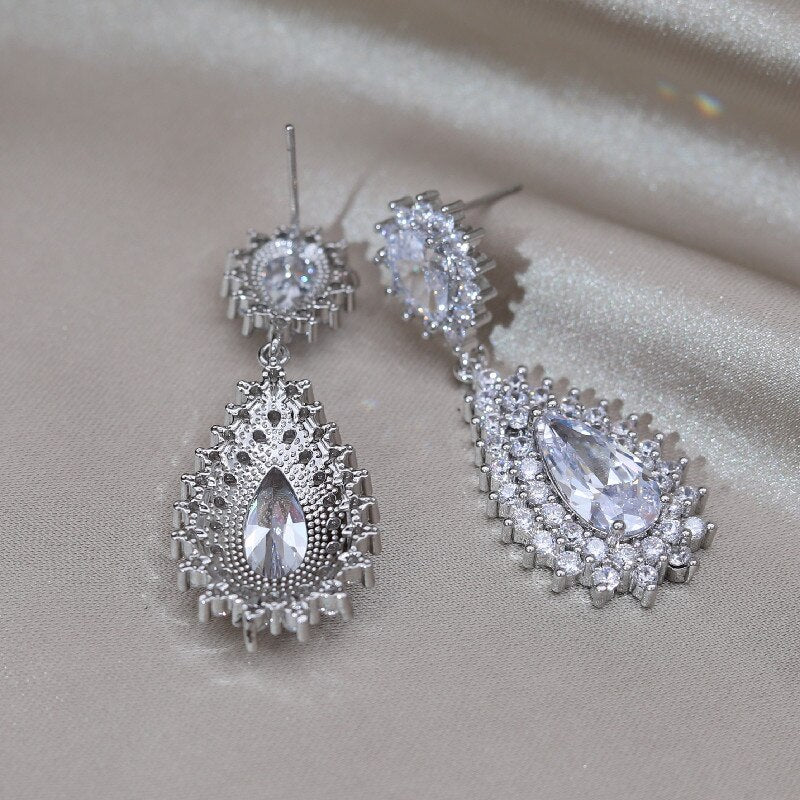 Design Jewelry Silver Color Copper Set Zircon Water Drop Pendant Earrings  Women's Wedding Party Accessories