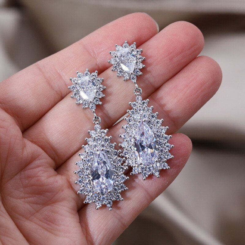 Design Jewelry Silver Color Copper Set Zircon Water Drop Pendant Earrings  Women's Wedding Party Accessories