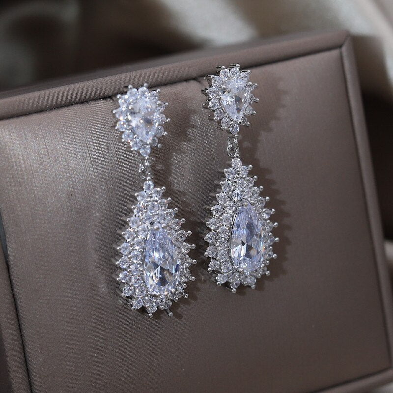Design Jewelry Silver Color Copper Set Zircon Water Drop Pendant Earrings  Women's Wedding Party Accessories