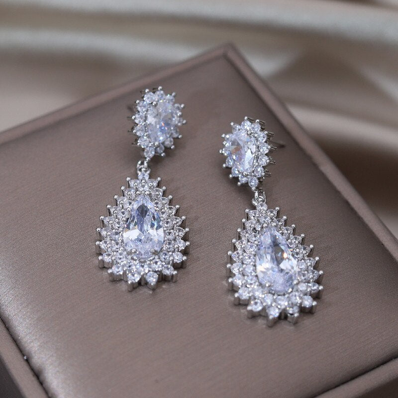 Design Jewelry Silver Color Copper Set Zircon Water Drop Pendant Earrings  Women's Wedding Party Accessories