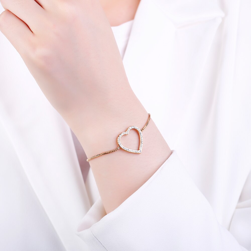 Design Hollow Heart Bracelets For Woman Gold Silvery Snake Chain Clear Crystal Adjustable Bracelet For Lover Jewelry