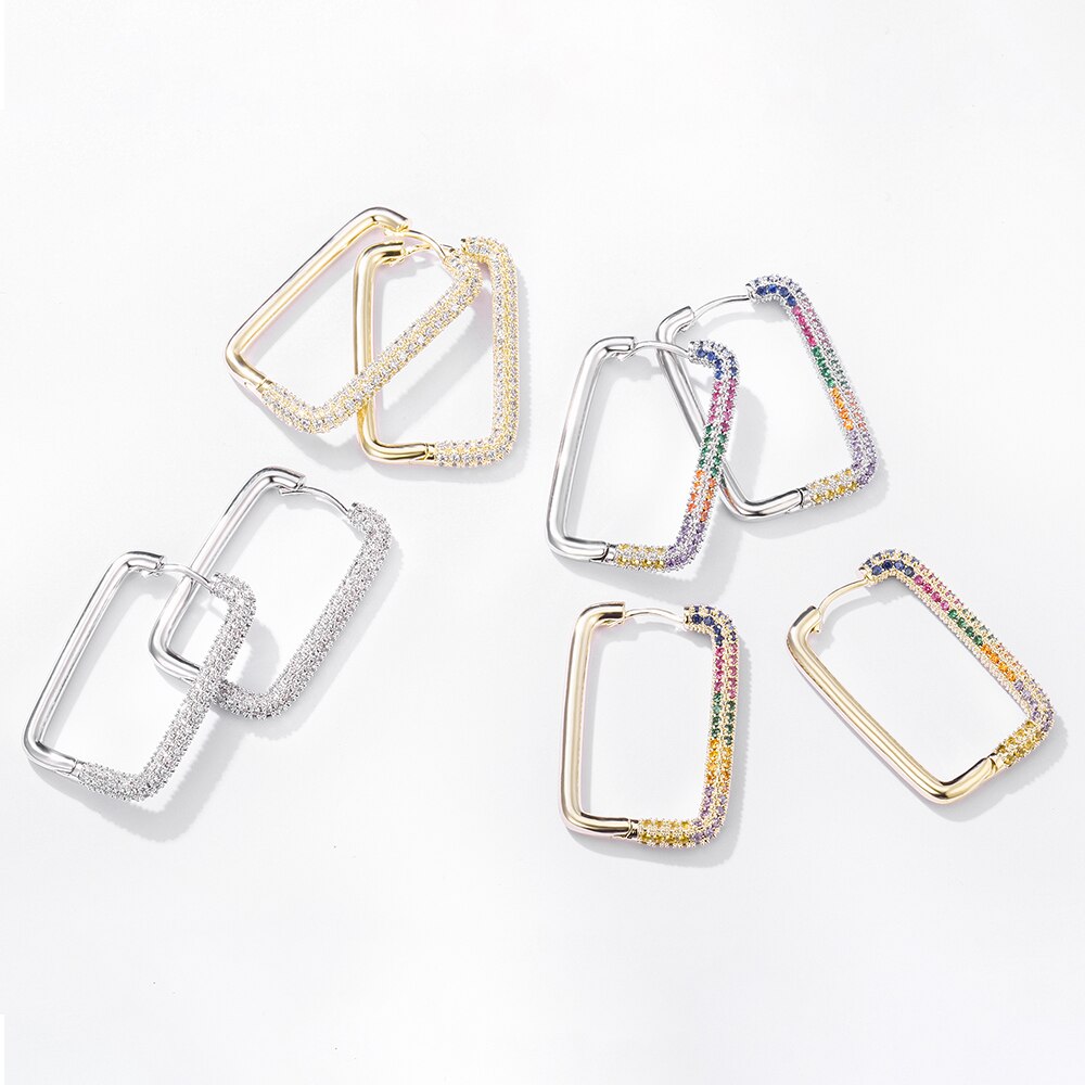 Design Multicolor Zircon Hoop Earrings for Women Colorful Crystal Rectangle Earring Party Wedding Jewelry Gifts 2022