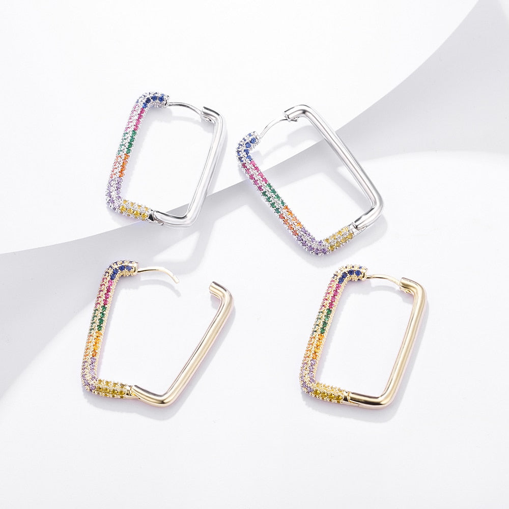 Design Multicolor Zircon Hoop Earrings for Women Colorful Crystal Rectangle Earring Party Wedding Jewelry Gifts 2022