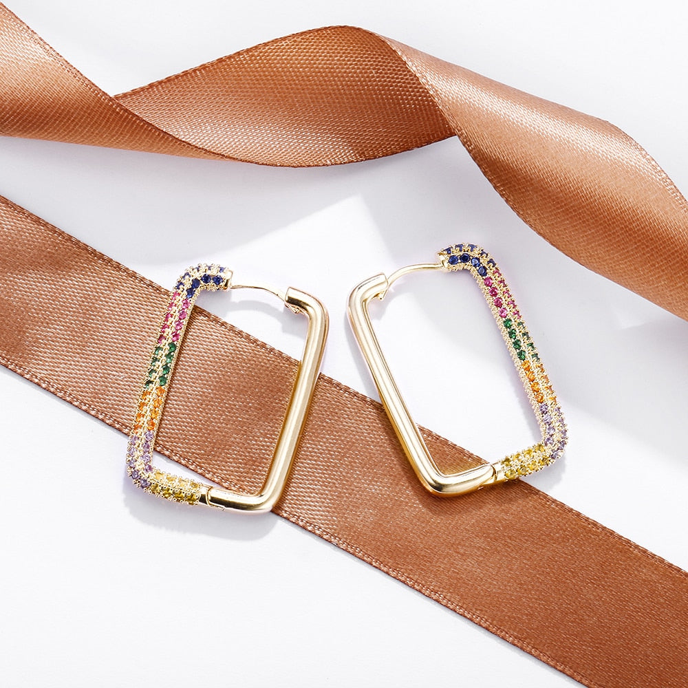 Design Multicolor Zircon Hoop Earrings for Women Colorful Crystal Rectangle Earring Party Wedding Jewelry Gifts 2022