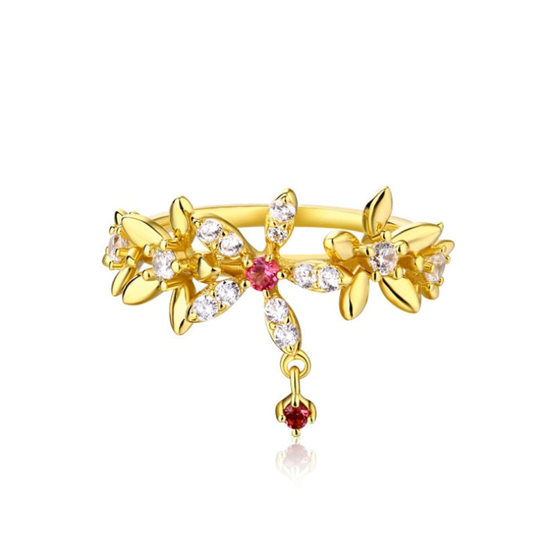 New Design Natural Red Tourmaline Gold Flower Finger Ring Jewelry 925 Sterling Sliver Floral Fairy Rings Bijoux
