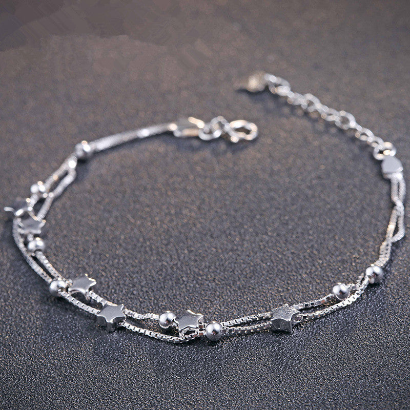 New Design Personality Fashion Women S925 Sterling Silver Pentagram Star Small Light Beads Double Line Bracelets Jewelry