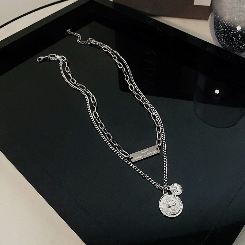 Design Portrait Coin Double Layer Necklaces For Women Vintage Letter Pendants Gothic Chain Around the Neck Prom Accessories