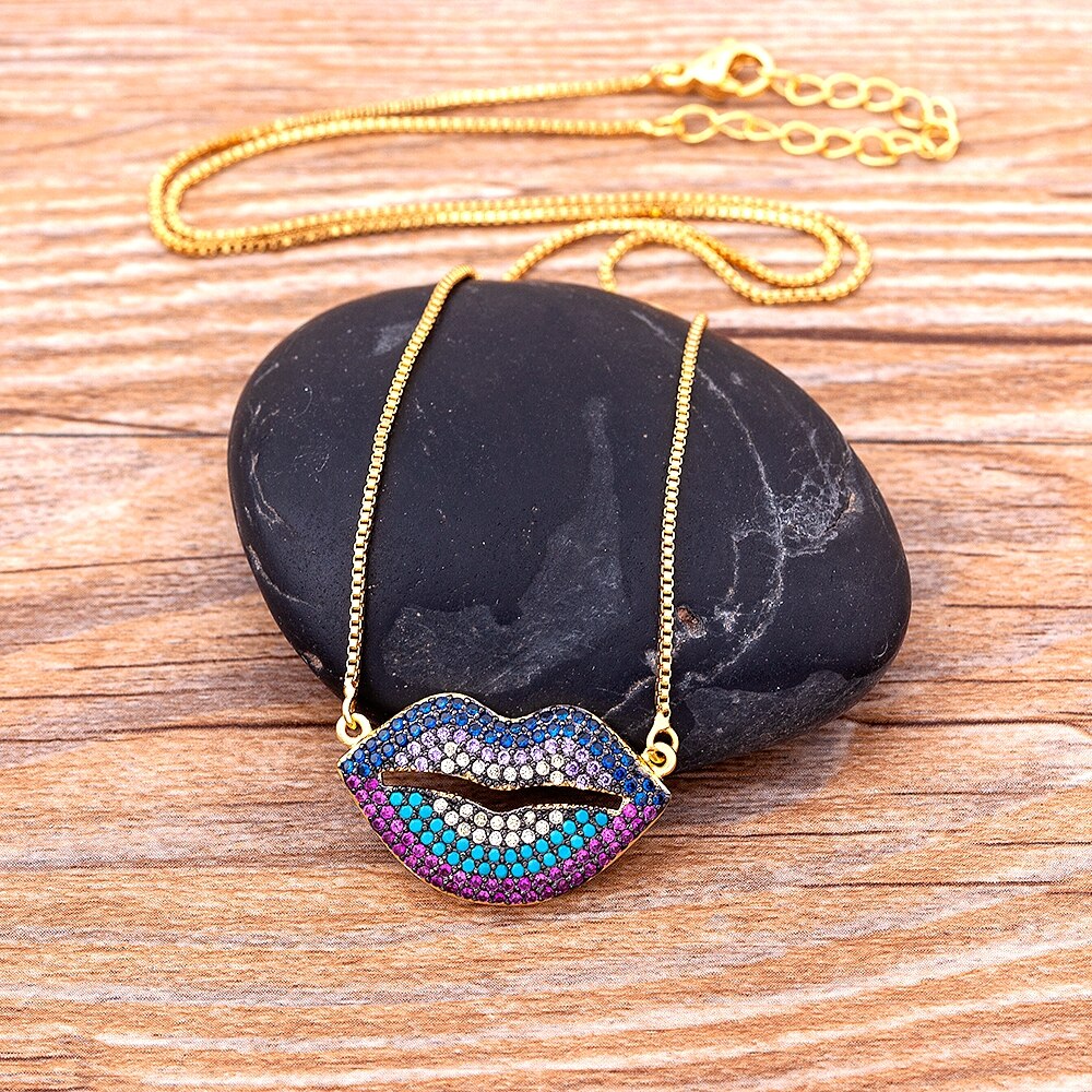 Design Sexy Lips Pendant Necklace Gold Plated Copper Zircon Jewelry Colorful Chain For Women Hip Hop Party Birthday Gifts