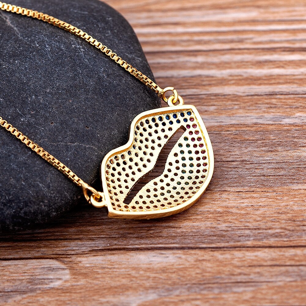 Design Sexy Lips Pendant Necklace Gold Plated Copper Zircon Jewelry Colorful Chain For Women Hip Hop Party Birthday Gifts