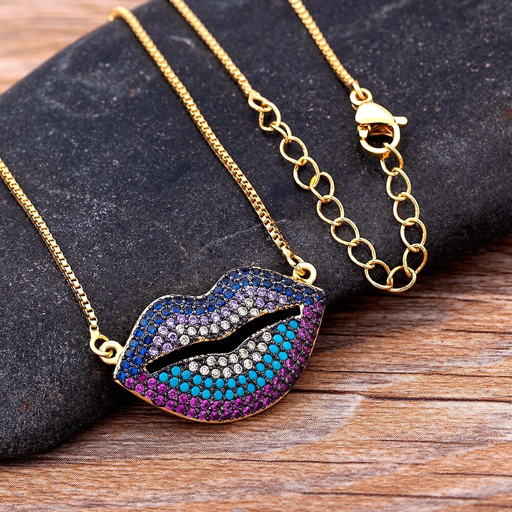 Design Sexy Lips Pendant Necklace Gold Plated Copper Zircon Jewelry Colorful Chain For Women Hip Hop Party Birthday Gifts