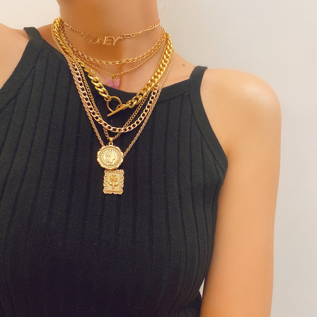 Design Statement Tredndy Neck Chain Set Chic Metal Sweater Chain Vintage Necklace Sets Mutilayered Chian Necklaces