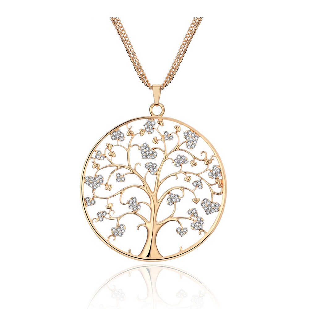 Design Tree Of Life Necklace For Woman Gold Color 3-layer Composite Chain Gig Crystal Round Pendant Long Necklaces Jewelry