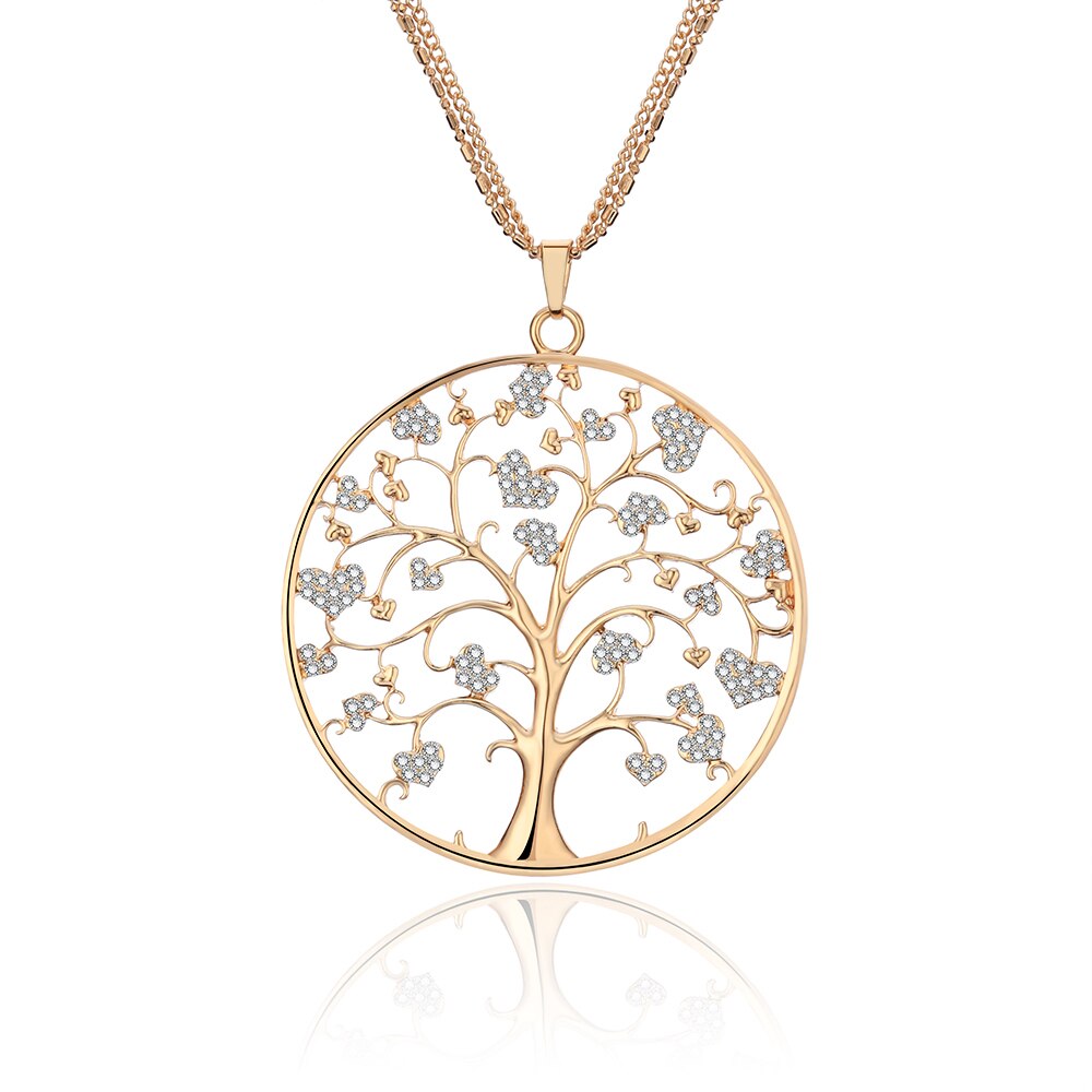 Design Tree Of Life Necklace For Woman Gold Color 3-layer Composite Chain Gig Crystal Round Pendant Long Necklaces Jewelry
