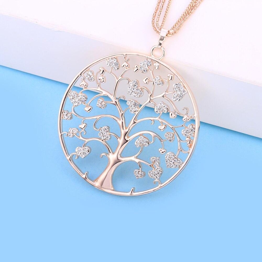 Design Tree Of Life Necklace For Woman Gold Color 3-layer Composite Chain Gig Crystal Round Pendant Long Necklaces Jewelry
