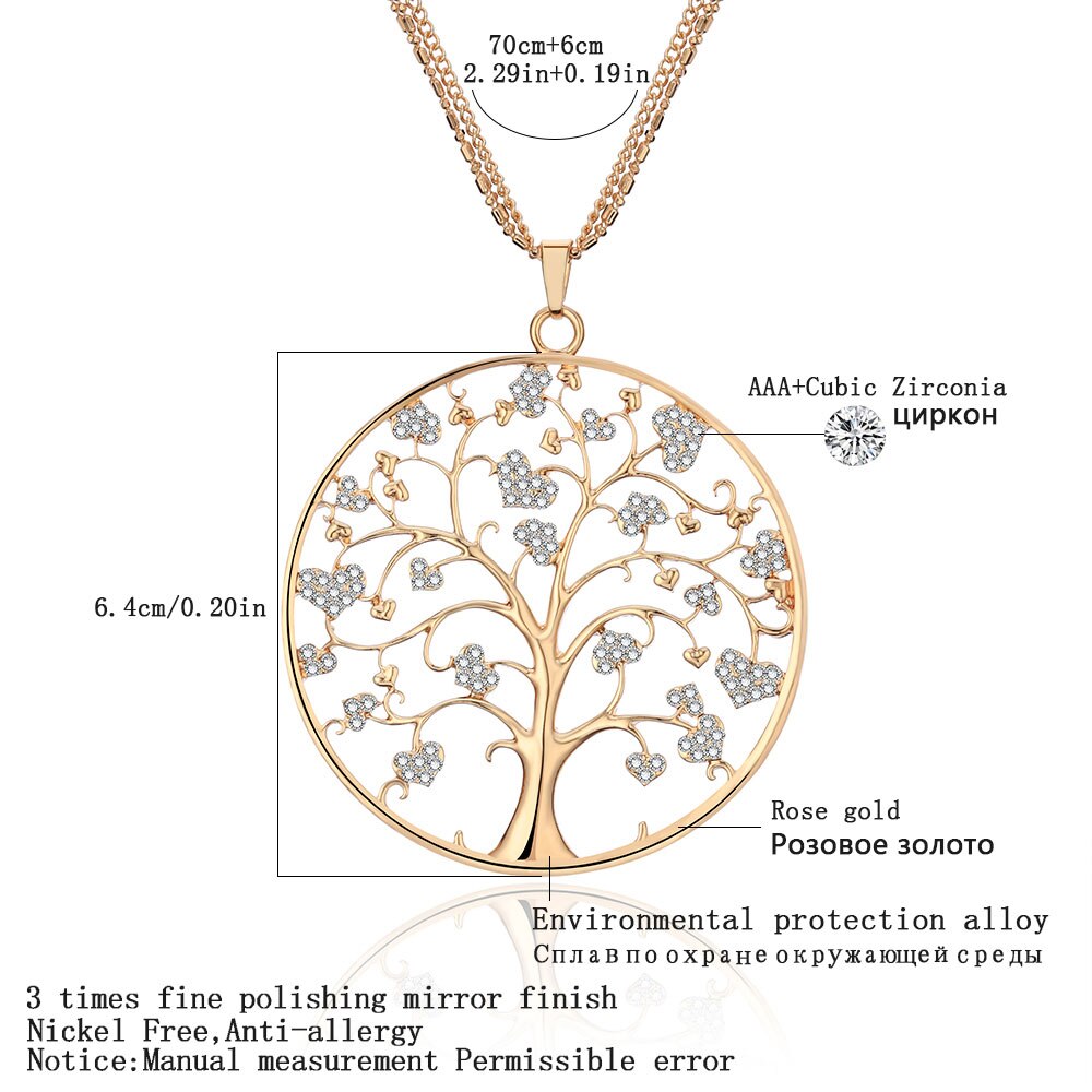 Design Tree Of Life Necklace For Woman Gold Color 3-layer Composite Chain Gig Crystal Round Pendant Long Necklaces Jewelry