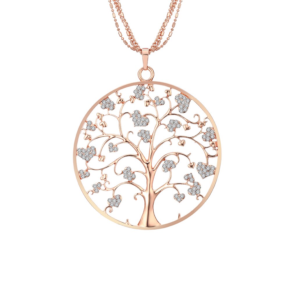 Design Tree Of Life Necklace For Woman Gold Color 3-layer Composite Chain Gig Crystal Round Pendant Long Necklaces Jewelry