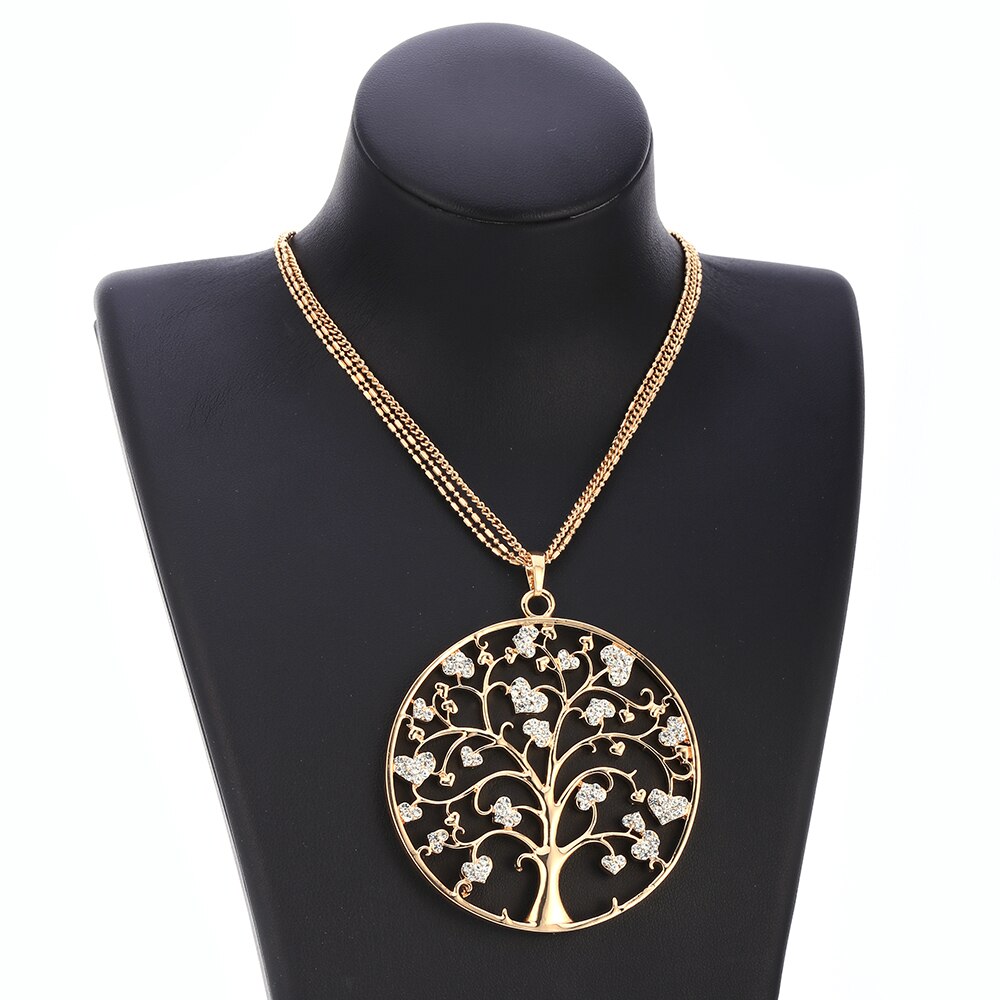 Design Tree Of Life Necklace For Woman Gold Color 3-layer Composite Chain Gig Crystal Round Pendant Long Necklaces Jewelry