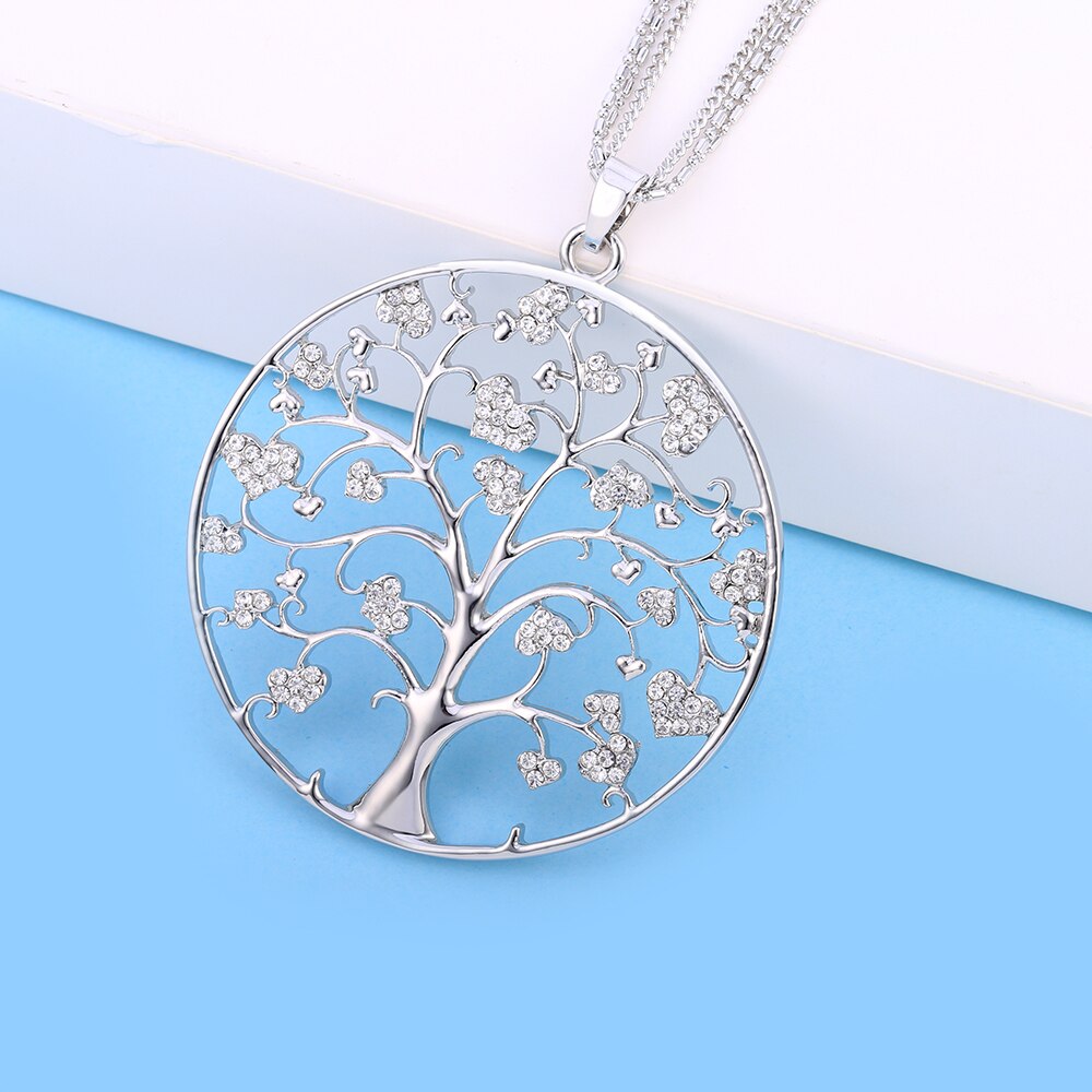 Design Tree Of Life Necklace For Woman Gold Color 3-layer Composite Chain Gig Crystal Round Pendant Long Necklaces Jewelry