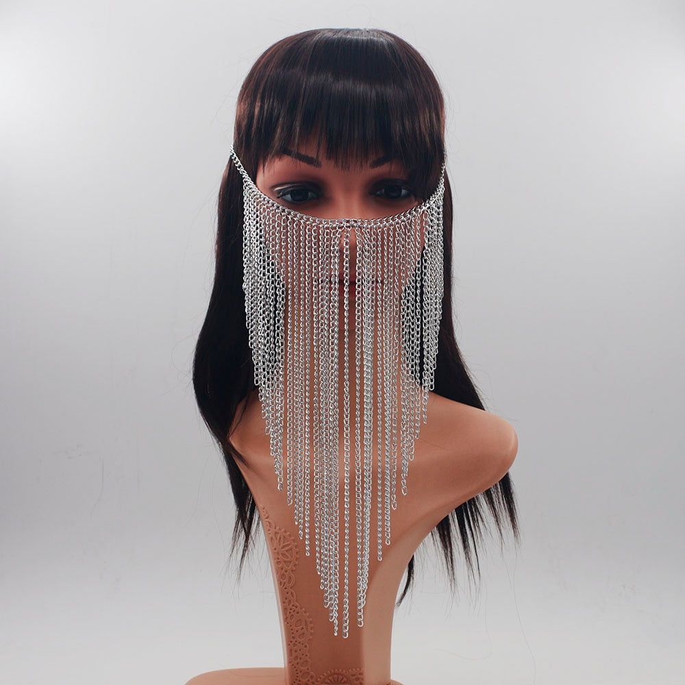 Design Women Gold Color  Chains Multi-Layers Tassel Head Chains Face Jewelry Harness Chains Head Jewelry Halloween Gift