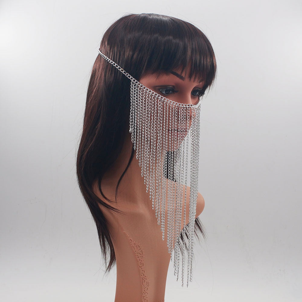 Design Women Gold Color  Chains Multi-Layers Tassel Head Chains Face Jewelry Harness Chains Head Jewelry Halloween Gift