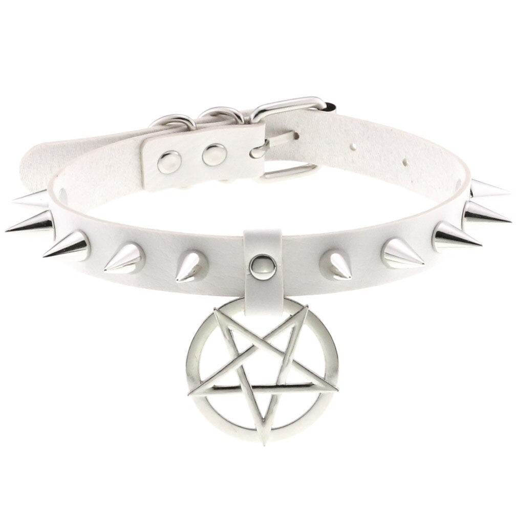 Women's Rivets Pentacle Pendant PU Chokers- | Drezden