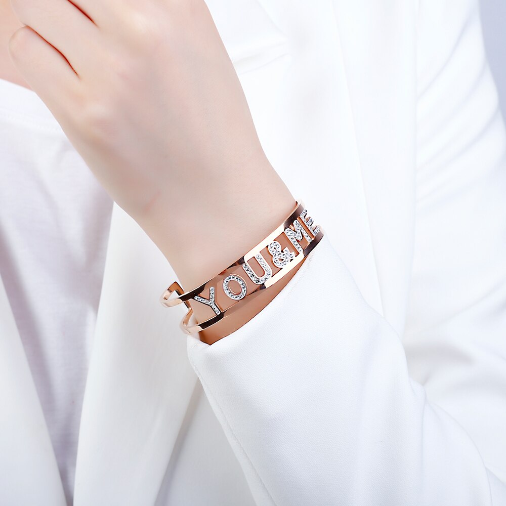 Design You&Me Letter Cuff Bracelet For Woman Lover Bestfriend Colorful Rhinestone Hollow Bracelets&Bangles Jewelry