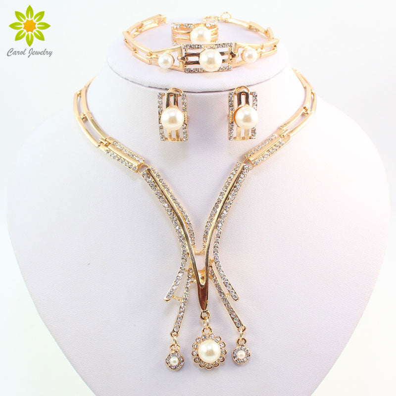 New Designer Gold Color Dubai African Crystal Simulated Pearl Necklace Bracelet Earring Ring Wedding/Bride Jewelry Set