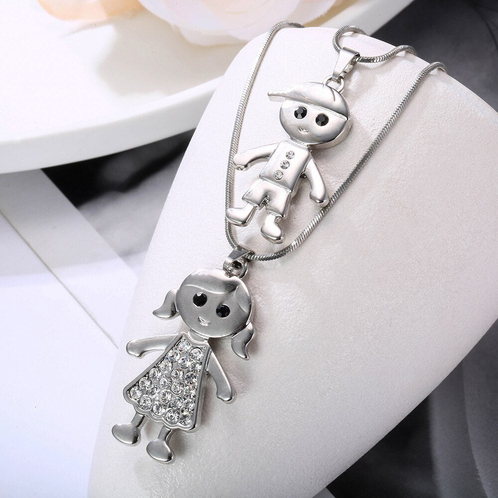 Double Layers Chain Crystal Figure Female Necklace for Women Sliver Color Boy Girl Long Pendant Necklace Statement Jewelry