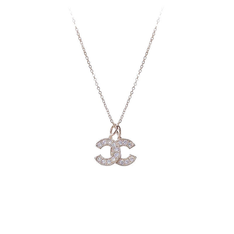 Double Letter C-Shape Necklace Rose Gold Color Crystal Rhinestone Necklace for Women Luxurious CC Party Pendant
