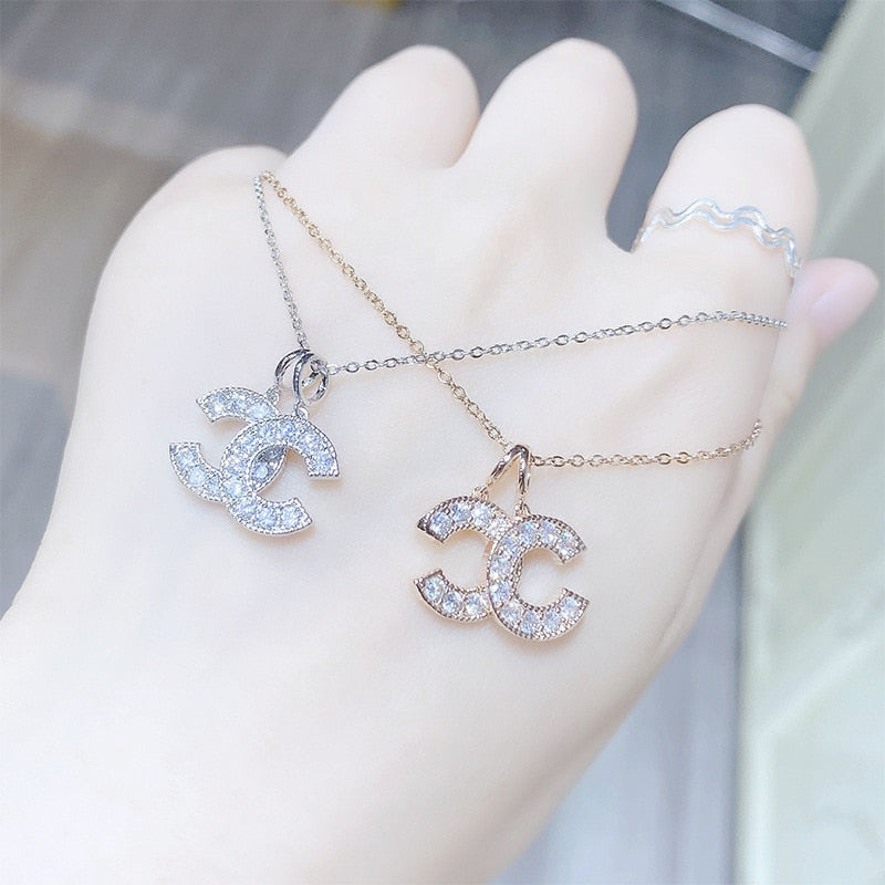 Double Letter C-Shape Necklace Rose Gold Color Crystal Rhinestone Necklace for Women Luxurious CC Party Pendant