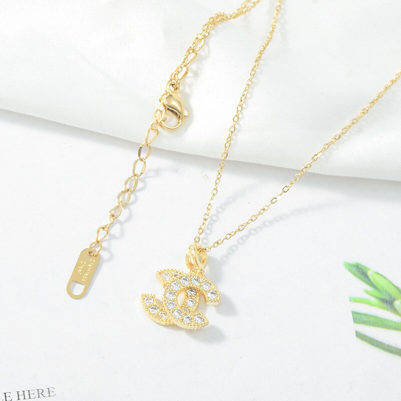 Double Letter C-Shape Necklace Rose Gold Color Crystal Rhinestone Necklace for Women Luxurious CC Party Pendant
