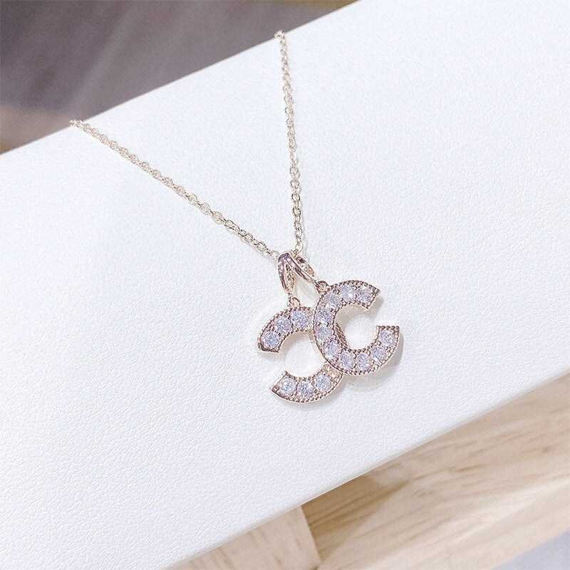 Double Letter C-Shape Necklace Rose Gold Color Crystal Rhinestone Necklace for Women Luxurious CC Party Pendant