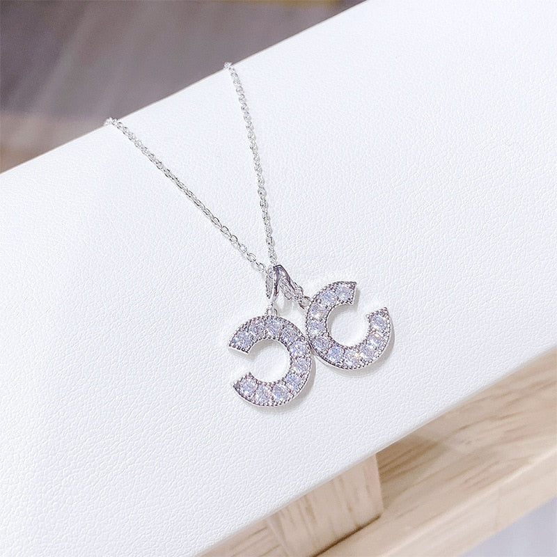 Double Letter C-Shape Necklace Rose Gold Color Crystal Rhinestone Necklace for Women Luxurious CC Party Pendant