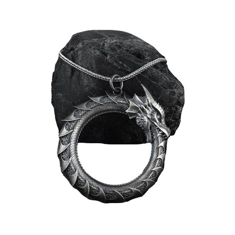 Dragon Necklace Ouroboros Dragon Pendant Alloy Round Amulet Punk Hip Hop Jewelry Decor Gift for Men and Women AIC88